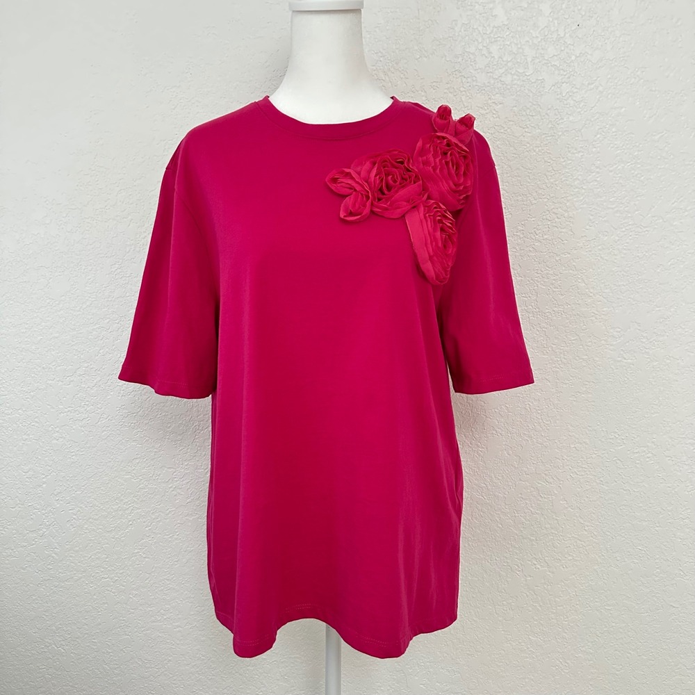 Zara T-Shirt Womens Large Pink Rosette Floral Applique Crewneck Cotton Top